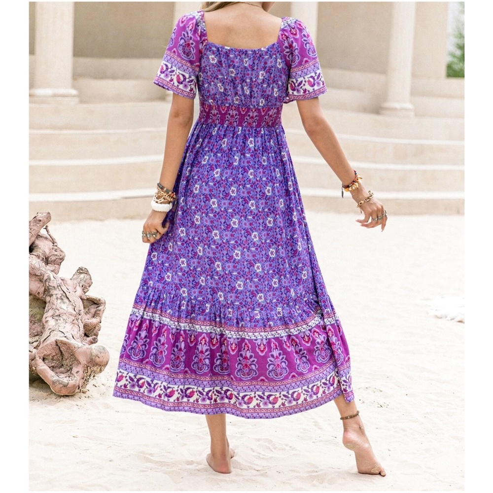 Boho Purple Floral Print Cutout Maxi Dress - Picture 6 of 6